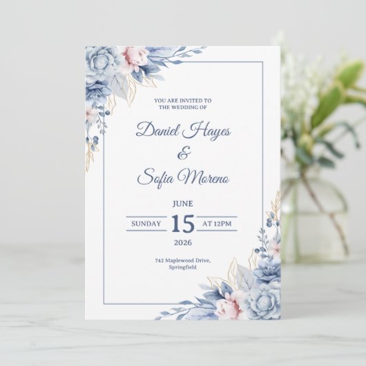 Custom Modern Blue Wedding Invitation Einladung (Stehend Vorderseite)