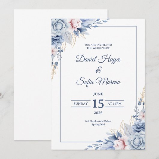 Custom Modern Blue Wedding Invitation Einladung (Vorne/Hinten)