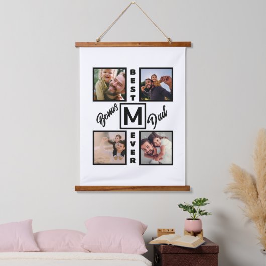 Custom Modern Bonus Vater Stepdad 4 Foto Collage Wandteppich Mit Holzrahmen (Schlafzimmer)