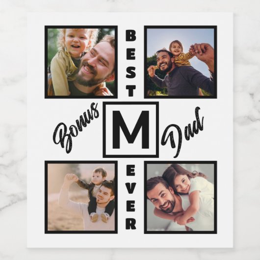 Custom Modern Bonus Vater Stepdad 4 Foto Collage Weinetikett (Einzelnes Label)
