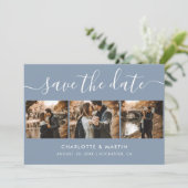 Custom Modern Dusty Blue Wedding 4 Foto Save The Date (Stehend Vorderseite)