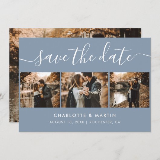 Custom Modern Dusty Blue Wedding 4 Foto Save The Date (Vorne/Hinten)