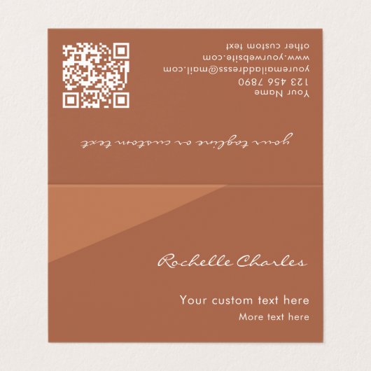 Custom Modern Elegant Copper Tan QR Code Promotion Visitenkarten (Außenseite Aufgefaltet)
