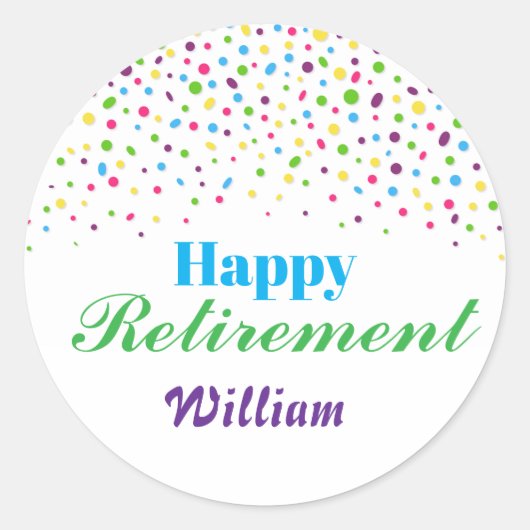 Custom Modern farbenfrohe Konfetti Happy Retiremen Runder Aufkleber (Vorderseite)
