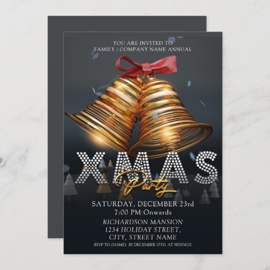 Custom Modern Frohe Weihnachtsglocken Schwarz Gold Einladung (Vorne/Hinten)