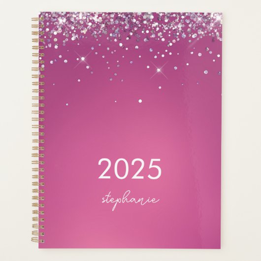 Custom Modern Fuchsia Pink Glitzer 2025 Planer (Vorderseite)