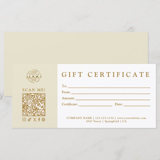 Custom Modern Minimalist Business Gift Certificate (Vorne/Hinten)