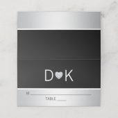 Custom Modern Monogram Black Silver Heart Wedding Platzkarte (Außenseite Aufgefaltet)