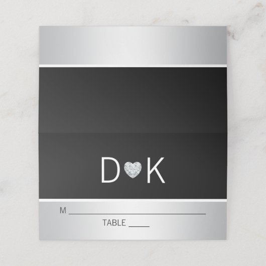 Custom Modern Monogram Black Silver Heart Wedding Platzkarte (Außenseite Aufgefaltet)