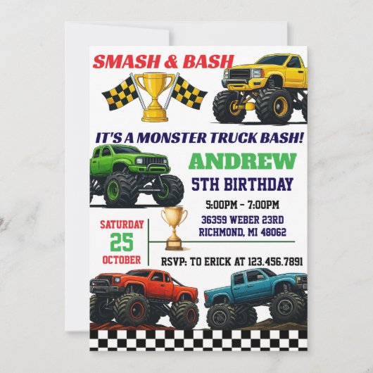 Custom Modern Monster Truck Boys Party Geburtstag Einladung (Vorderseite)