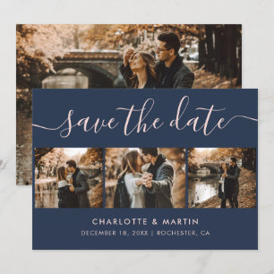 Custom Modern Navy Blue and Blush Wedding 4 Foto Save The Date