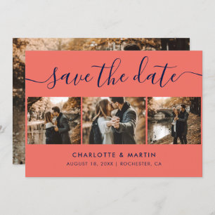 Custom Modern Navy Blue and Coral Wedding 4 Foto Save The Date