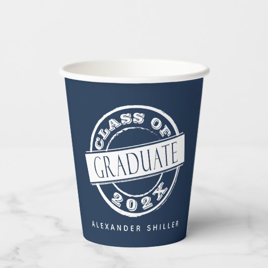 Custom Modern Navy Blue Graduate Pappbecher (Rückseite)