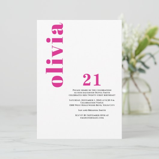 Custom Modern Pink 21. Geburtstag Einladung (Stehend Vorderseite)
