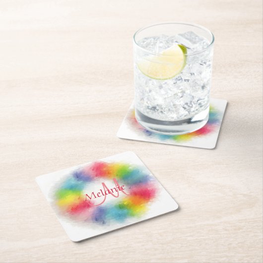 Custom Modern Rainbow Abstrakt Art Mit Monogramm Rechteckiger Pappuntersetzer (Vor Ort)