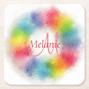 Custom Modern Rainbow Abstrakt Art Mit Monogramm Rechteckiger Pappuntersetzer