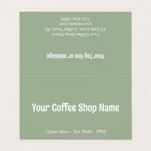Custom Modern Sage Green Coffee Cafe Template Visitenkarten (Außenseite Aufgefaltet)