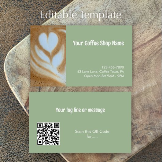Custom Modern Sage Green Coffee Shop Photo QR Code Visitenkarte