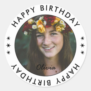 Custom Modern Simple Elegant Happy Birthday Foto Runder Aufkleber