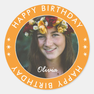 Custom Modern Simple Orange Happy Birthday Foto Runder Aufkleber