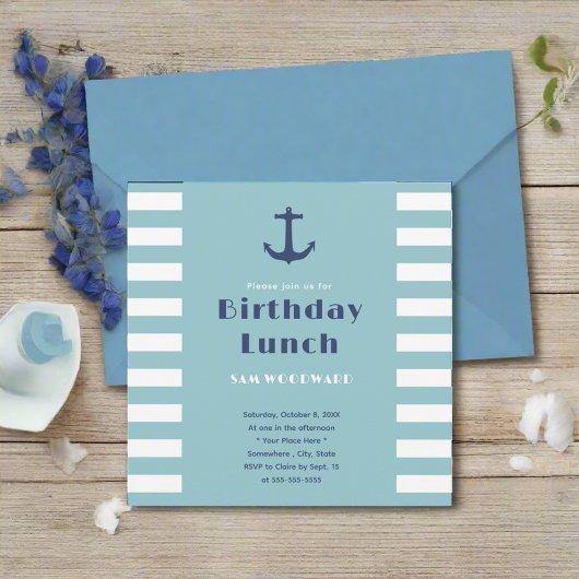 Custom Modern Strip Nautical Birthday Lunch Blau Einladung