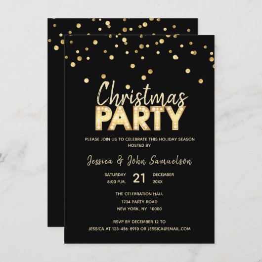 Custom Modern Trendly Gold Black CHRISTMAS PARTY Einladung (Vorne/Hinten)