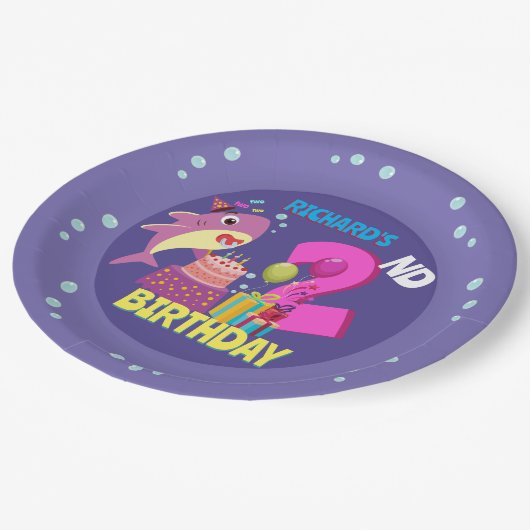 Custom Mommy Aunty Papa Daddy Shark Birthday Gesch Pappteller (Schrägansicht)