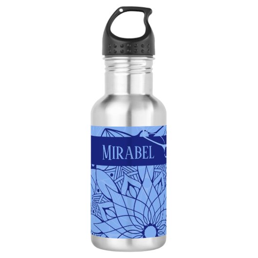 Custom Monochrome Blue Mandala Wasserflasche (Vorderseite)