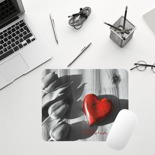 Custom Monochrome Tulips Red Heart Valentine's Day Mousepad