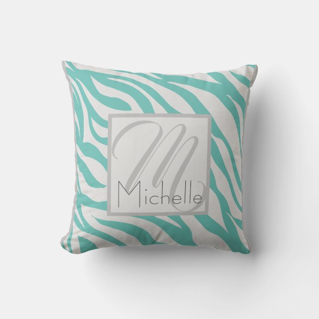 Custom Monogram Aquamarin Aqua Blue Zebra Streifen Kissen (Vorderseite)