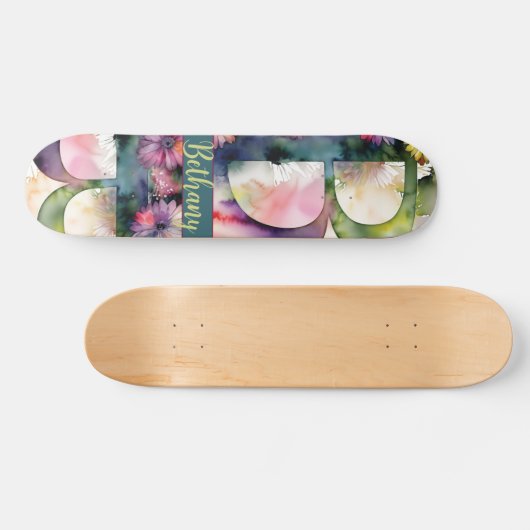 Custom Monogram B Jewel Tone Wasserfarbe Floral Skateboard (Horizontal)