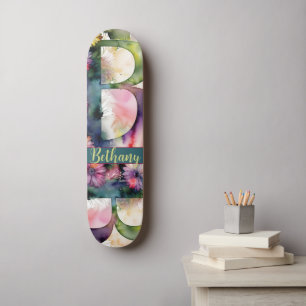 Custom Monogram B Jewel Tone Wasserfarbe Floral Skateboard