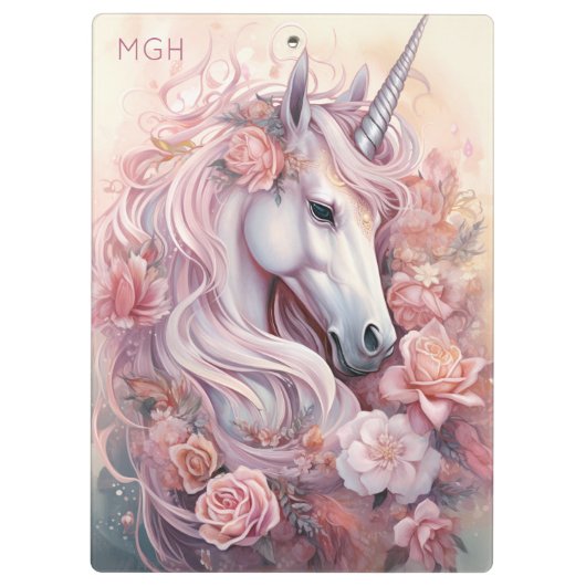 Custom Monogram Beautiful Unicorn Klemmbrett (Rückseite)