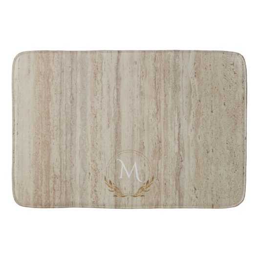 Custom Monogram Beige Travertine Marmorstein Badematte (Vorderseite)