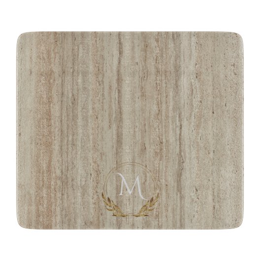 Custom Monogram Beige Travertine Marmorstein Schneidebrett (Vorderseite)