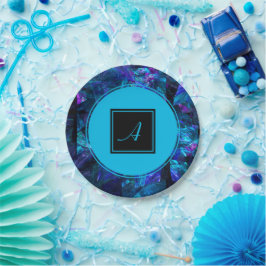 Custom Monogram Black Blue Abstrakt Geburtstag Pappteller