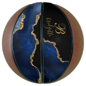 Custom Monogram Black Gold Navy Agate Geode Basketball (Vertikal)