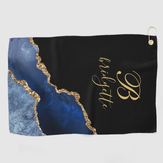 Custom Monogram Black Gold Navy Agate Geode Golfhandtuch (Horizontal)