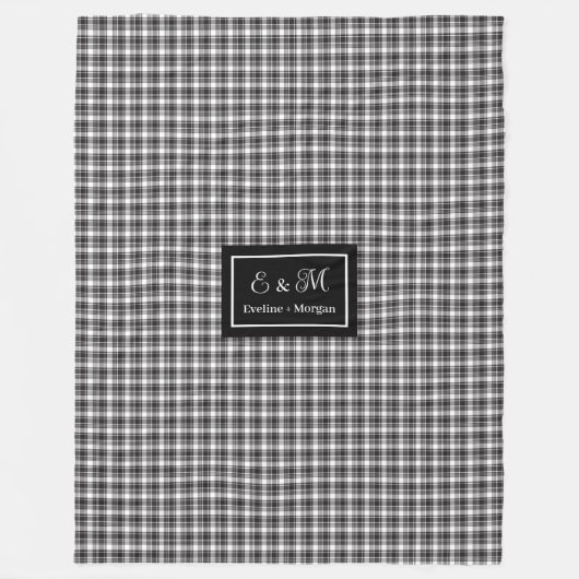 Custom Monogram Black White Buffalo Plaid Blanket Fleecedecke (Vorderseite)