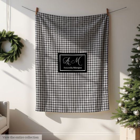 Custom Monogram Black White Buffalo Plaid Blanket Fleecedecke