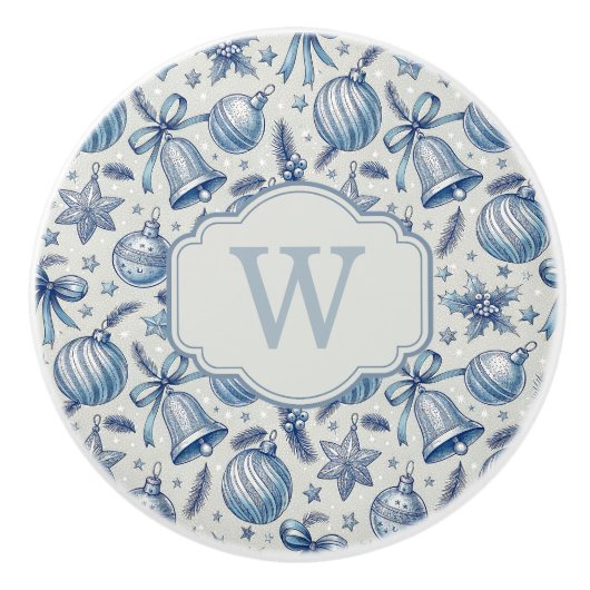 Custom Monogram Blue Toile Christmas Ornaments Keramikknauf (Vorderseite)