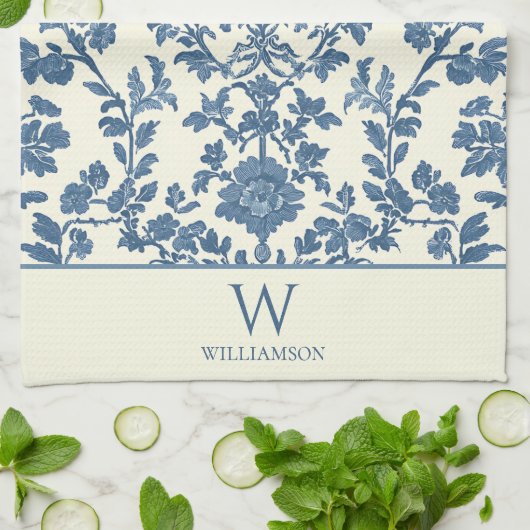 Custom Monogram Blue Toile Kitchen Handtuch (Gefaltet)