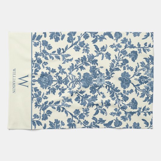 Custom Monogram Blue Toile Kitchen Handtuch (Horizontal)