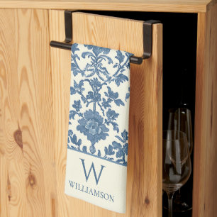 Custom Monogram Blue Toile Kitchen Handtuch