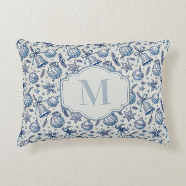 Custom Monogram Blue Toile Weihnachtsschmuck Dekokissen (Vorderseite)