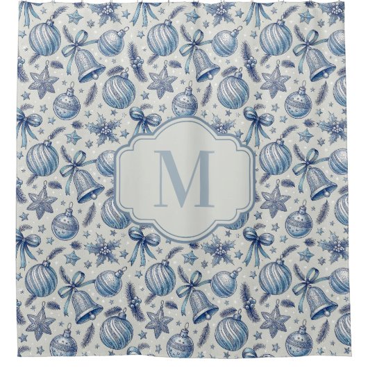 Custom Monogram Blue Toile Weihnachtsschmuck Duschvorhang (Vorderseite)