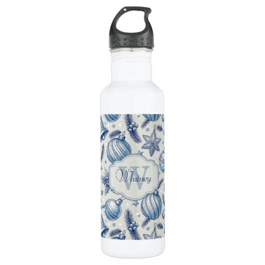 Custom Monogram Blue Toile Weihnachtsschmuck Edelstahlflasche (Vorderseite)
