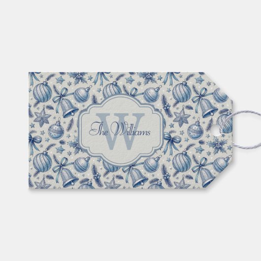 Custom Monogram Blue Toile Weihnachtsschmuck Geschenkanhänger (Vorderseite (Horizontal))