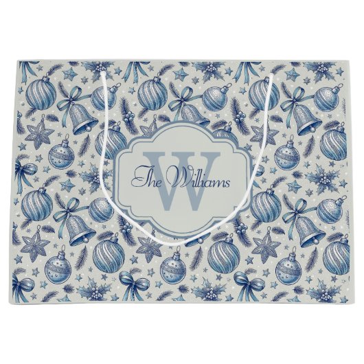 Custom Monogram Blue Toile Weihnachtsschmuck Große Geschenktüte (Vorderseite)