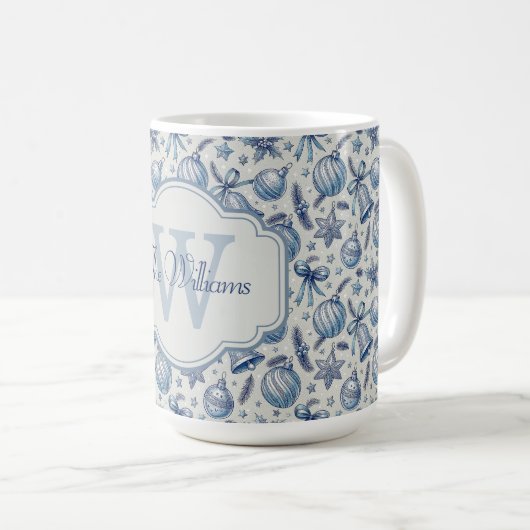 Custom Monogram Blue Toile Weihnachtsschmuck Kaffeetasse (VorderseiteRechts)